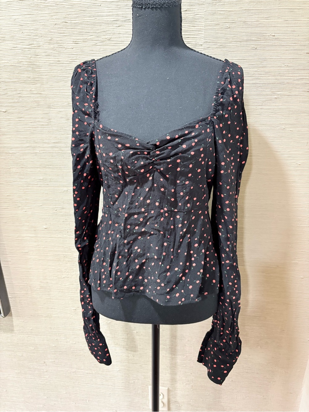 Free People Black Long-Sleeve Polka Dot Sweetheart Neck Top